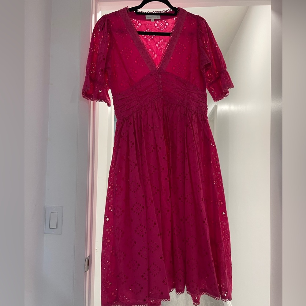 House of Harlow 1960 Womens Pink Eyelet Midi Dress 100% Cotton V Neck